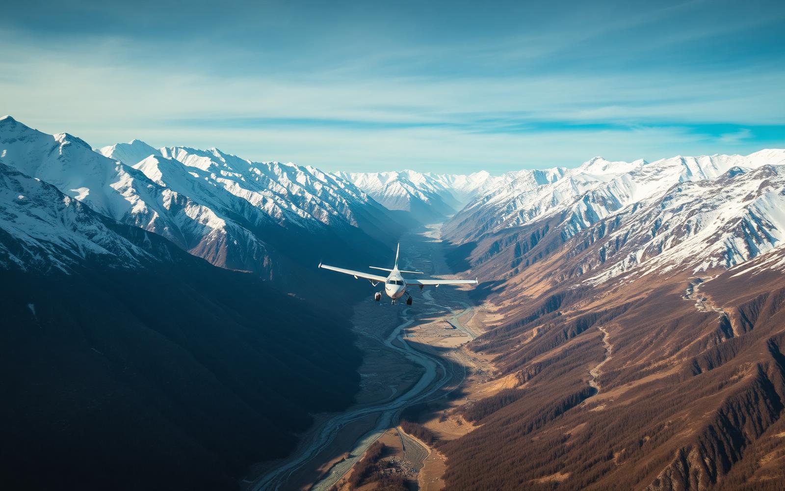 Aircraft flying between snow-covered Karakoram peaks on approach to Skardu