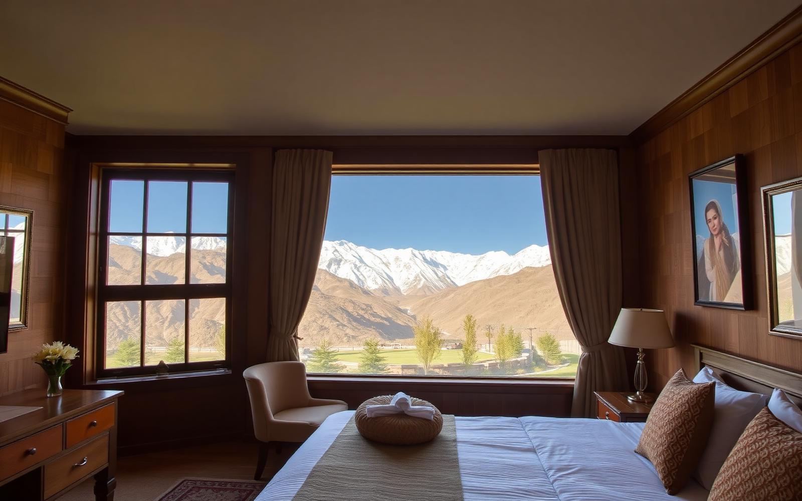 Hotel room in Skardu with a window view of the Karakoram mountains